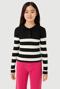 Girls Rib Knit Striped Collared Pullover Sweater