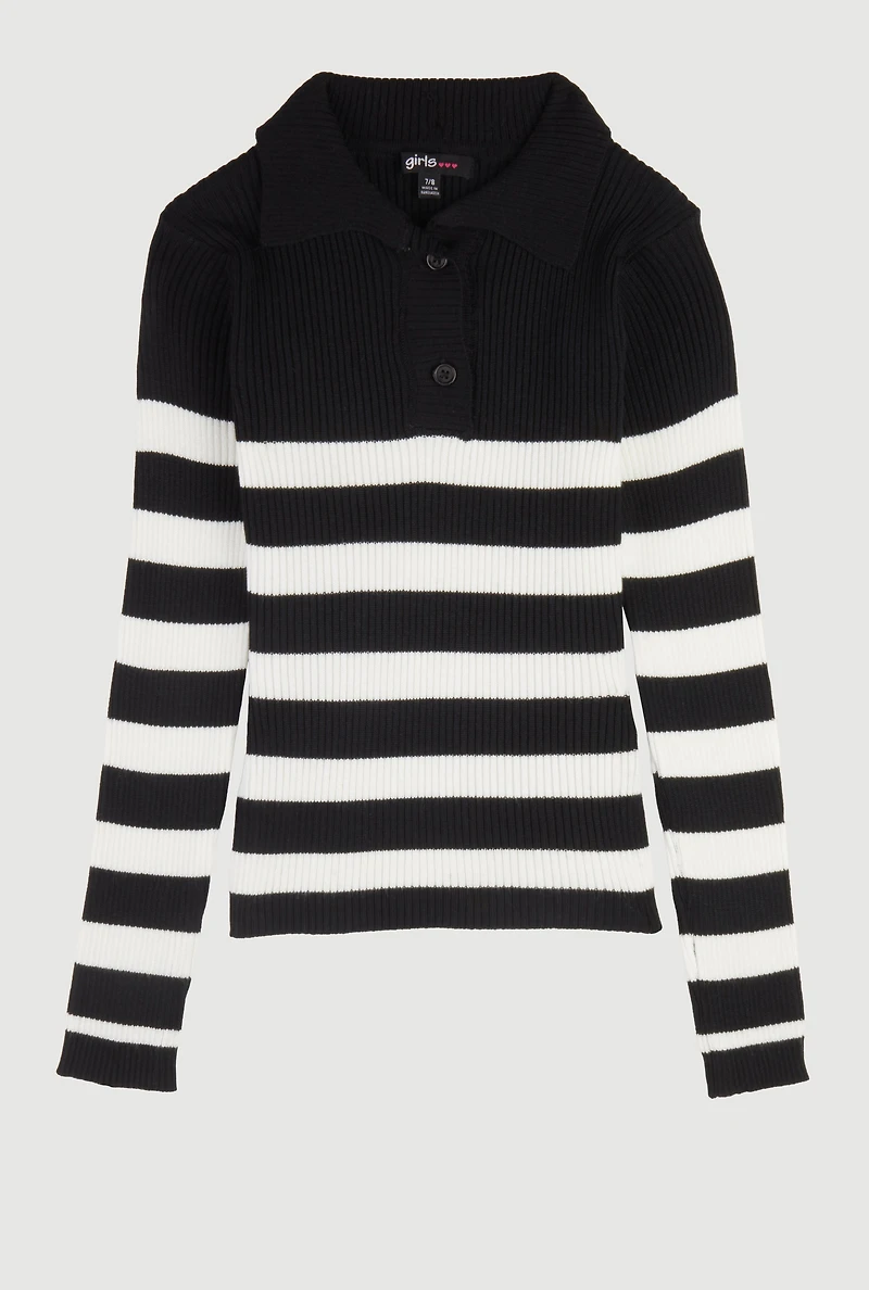 Girls Rib Knit Striped Collared Pullover Sweater