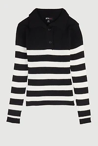 Girls Rib Knit Striped Collared Pullover Sweater
