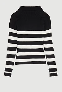 Girls Rib Knit Striped Collared Pullover Sweater