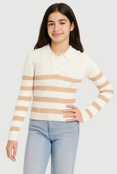 Girls Rib Knit Striped Collared Pullover Sweater,