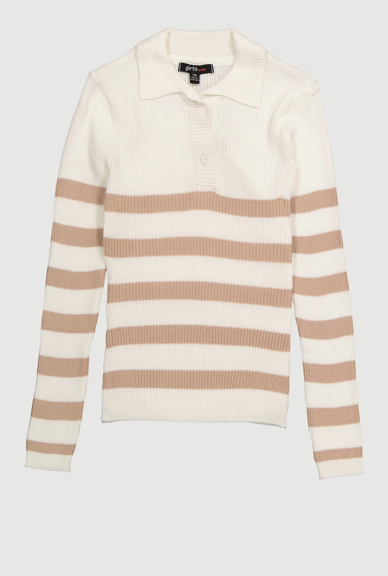 Girls Rib Knit Striped Collared Pullover Sweater,