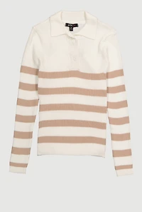 Girls Rib Knit Striped Collared Pullover Sweater,