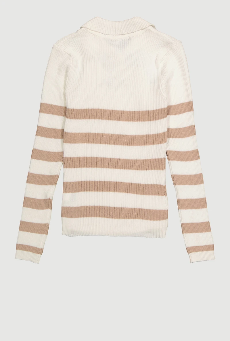 Girls Rib Knit Striped Collared Pullover Sweater,
