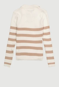 Girls Rib Knit Striped Collared Pullover Sweater,