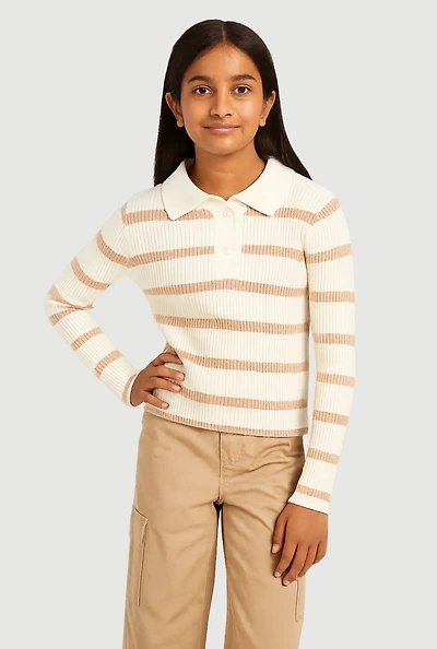 Girls Striped Collared Sweater, 14-16
