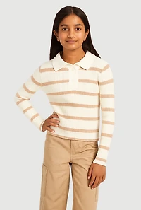 Girls Striped Collared Sweater, Beige, Size 10-12