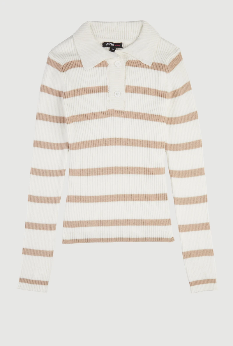 Girls Striped Collared Sweater, Beige, Size 10-12