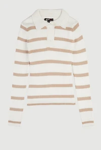 Girls Striped Collared Sweater, Beige, Size 10-12