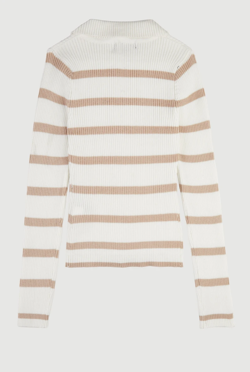 Girls Striped Collared Sweater, Beige, Size 10-12