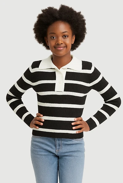 Girls Striped Collared Sweater,