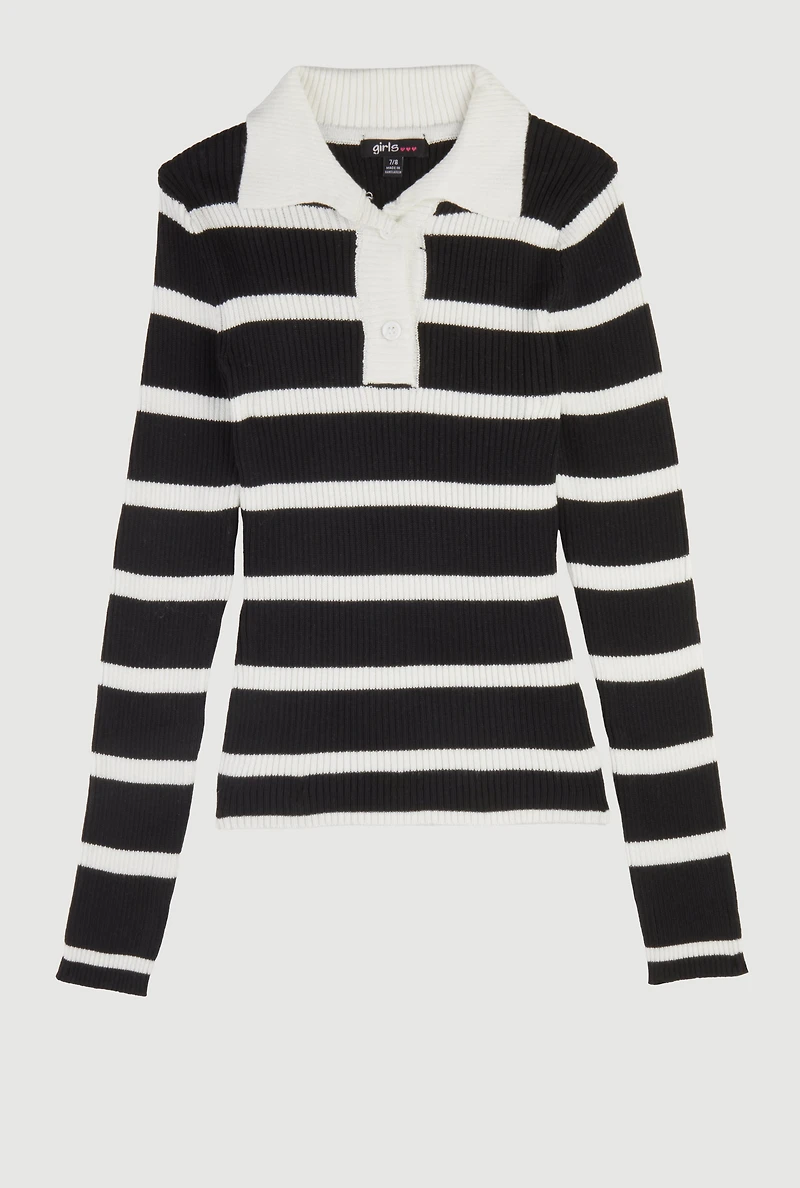 Girls Striped Collared Sweater, Black,