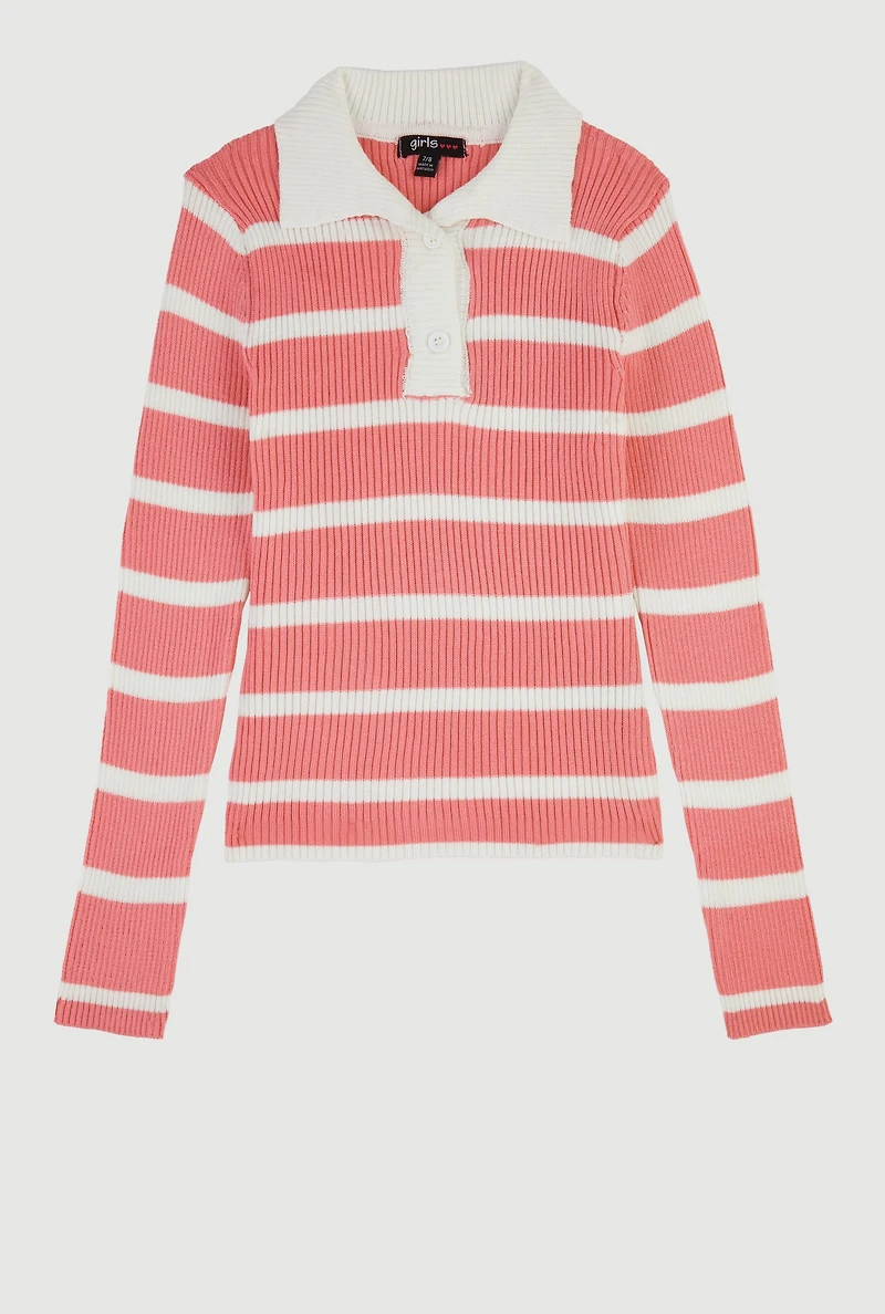 Girls Striped Collared Sweater, Pink, Size 14-16