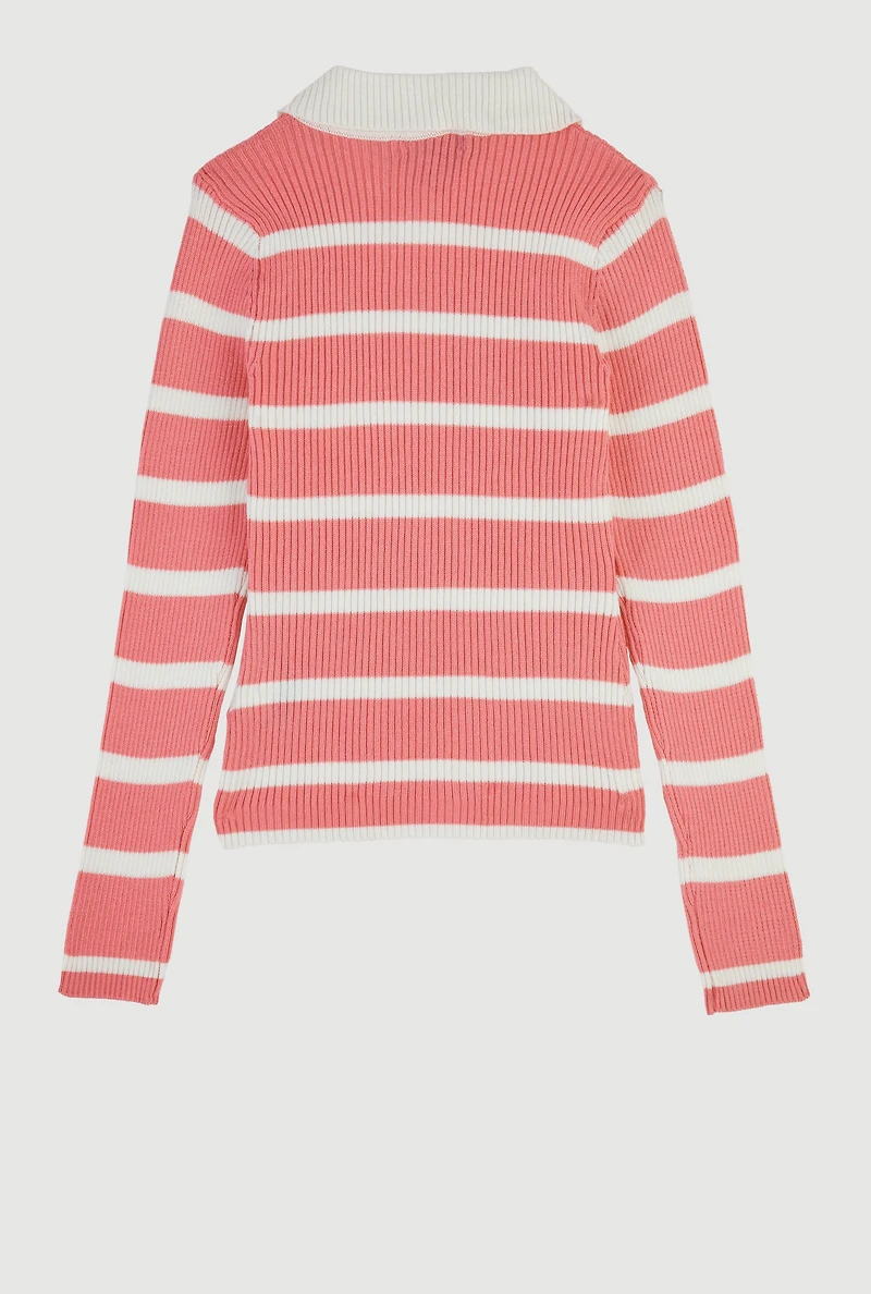 Girls Striped Collared Sweater, Pink, Size 14-16
