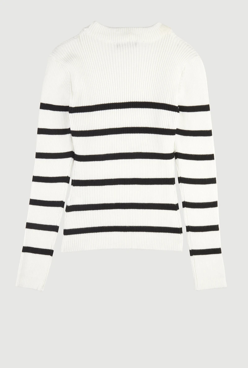 Girls Striped Ribbed Knit Pullover Sweater, White, Size 10-12