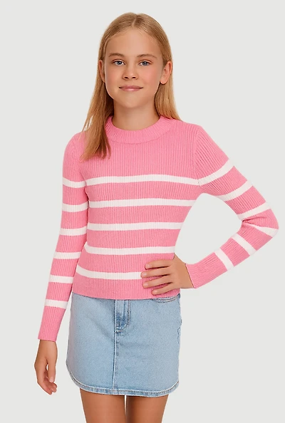 Girls Striped Ribbed Knit Pullover Sweater,