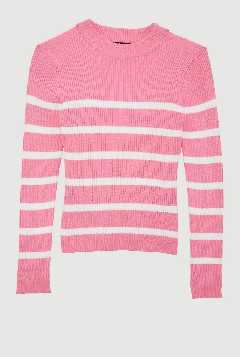 Girls Striped Ribbed Knit Pullover Sweater,