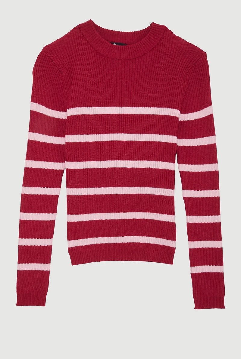 Girls Striped Ribbed Knit Pullover Sweater