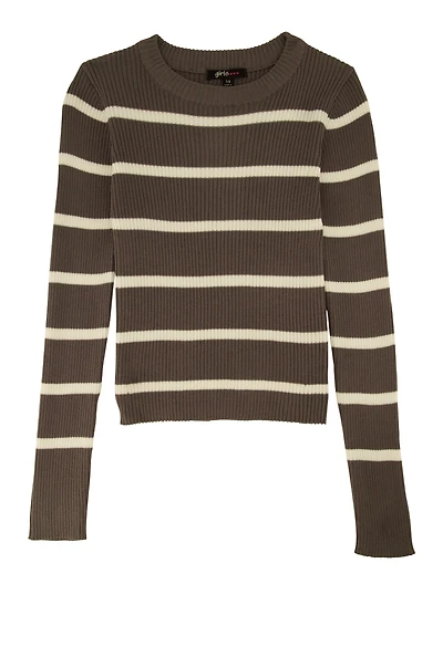 Girls Stripped Crew Neck Sweater, Grey, Size 7-8
