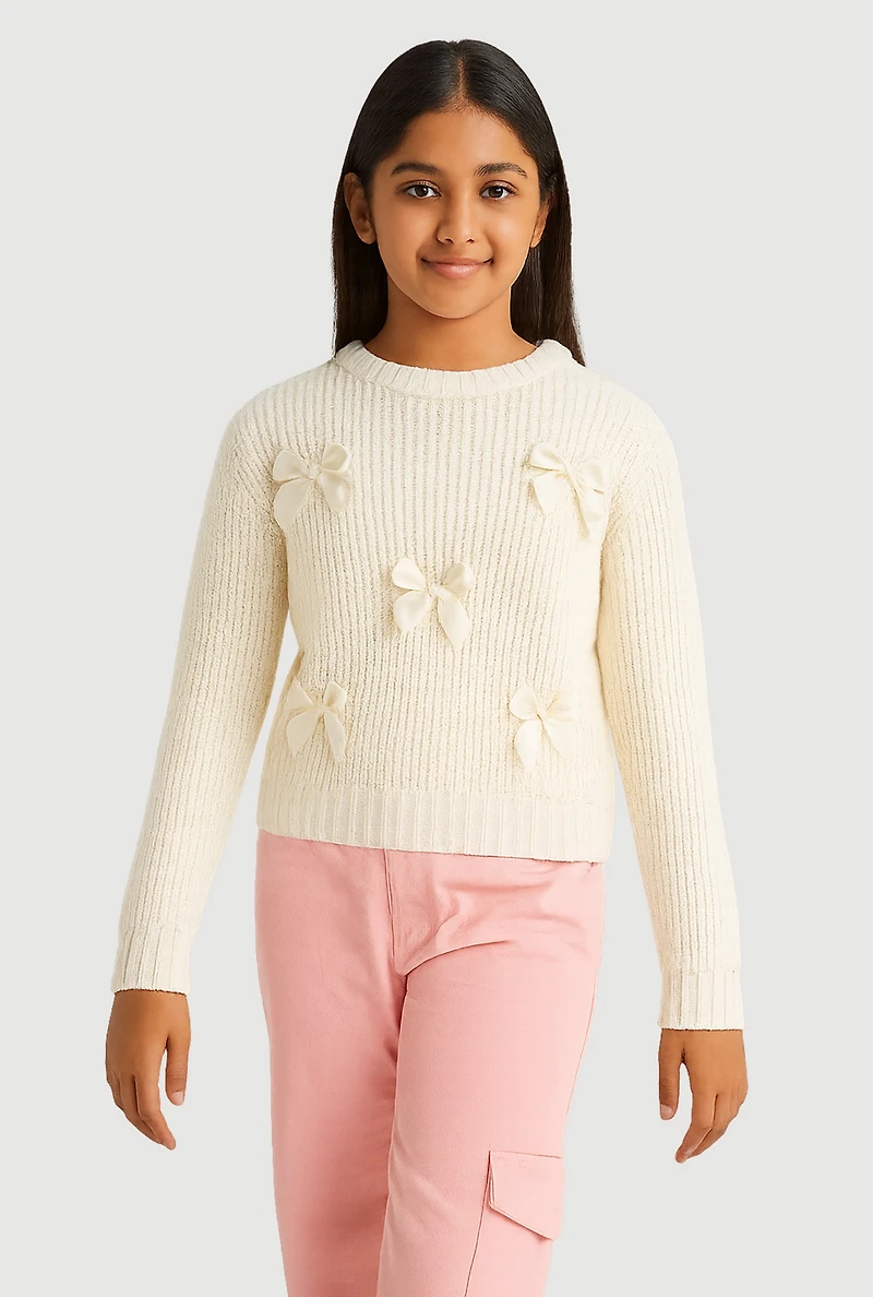 Girls Bow Detail Long Sleeve Sweater, Beige, Size 14-16