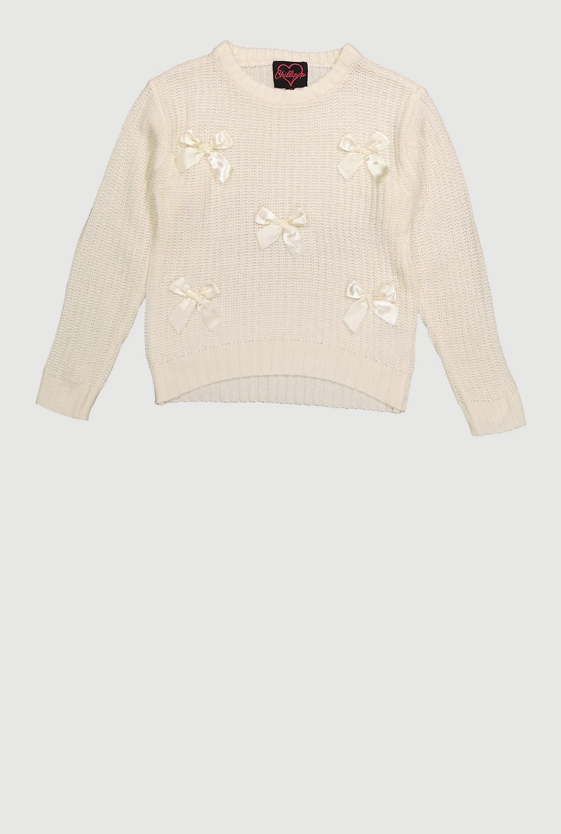 Girls Bow Detail Long Sleeve Sweater, Beige, Size 14-16