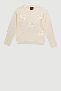 Girls Bow Detail Long Sleeve Sweater, Beige, Size 14-16
