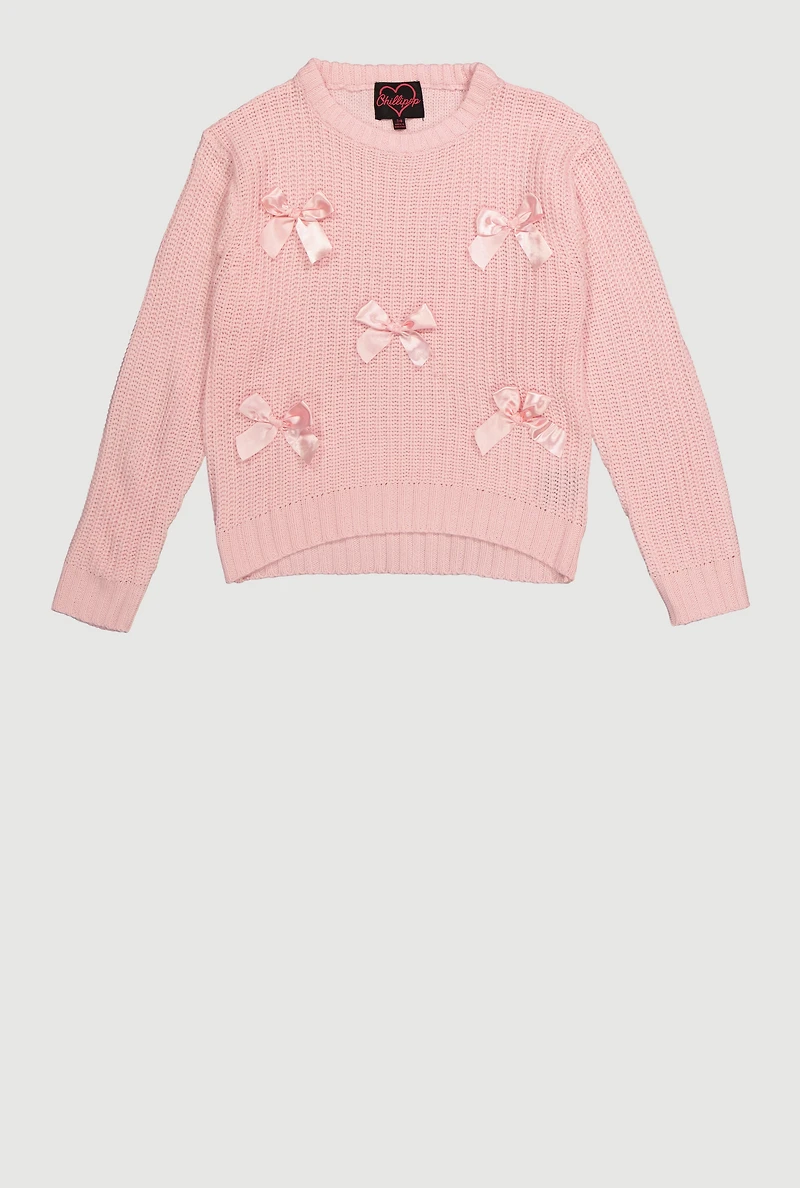 Girls Bow Detail Long Sleeve Sweater, Pink, Size 7-8