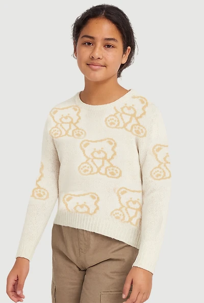 Girls Trendy Long Sleeve All Over Bear Print Sweater, Beige, Size 10-12