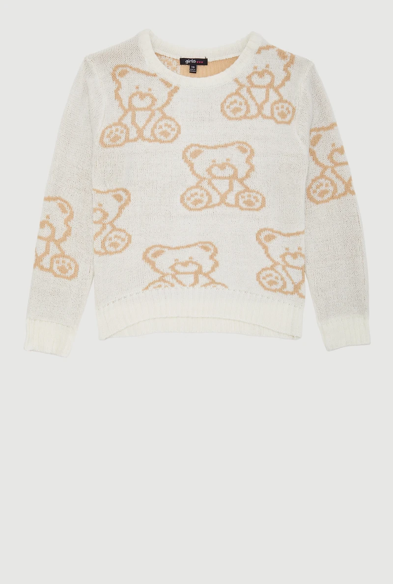 Girls Trendy Long Sleeve All Over Bear Print Sweater, Beige, Size 10-12