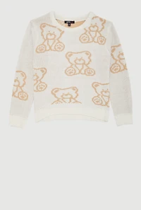 Girls Trendy Long Sleeve All Over Bear Print Sweater, Beige, Size 10-12