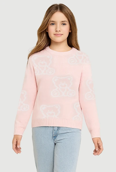 Girls Trendy Long Sleeve All Over Bear Print Sweater, Pink, Size 10-12