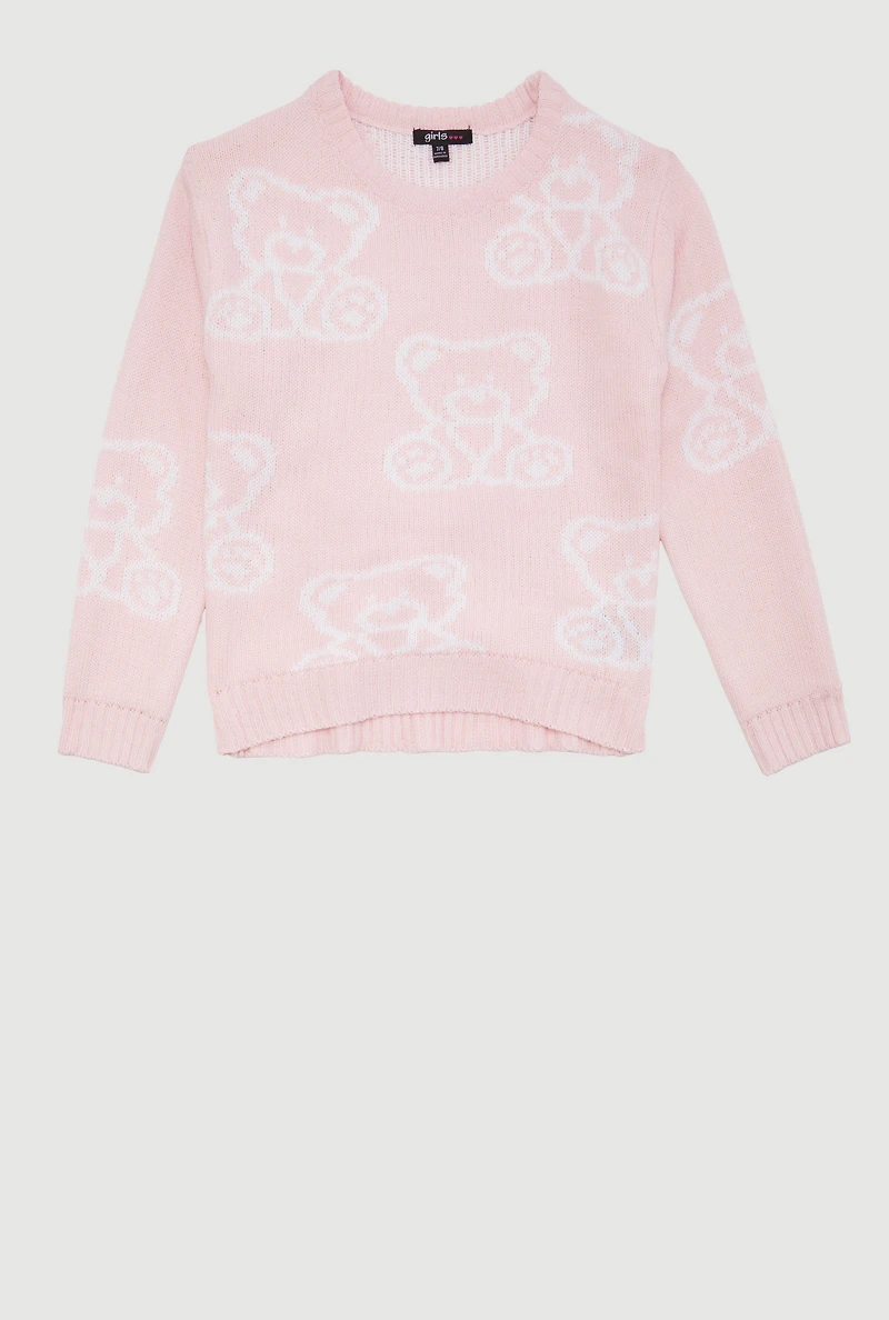 Girls Trendy Long Sleeve All Over Bear Print Sweater, Pink, Size 10-12