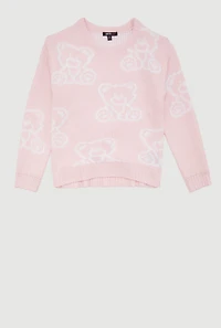 Girls Trendy Long Sleeve All Over Bear Print Sweater, Pink, Size 10-12