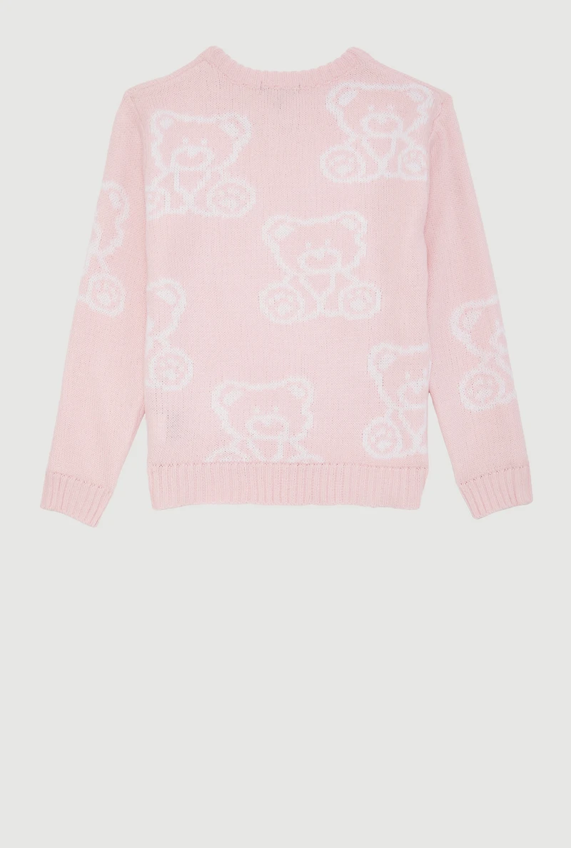 Girls Trendy Long Sleeve All Over Bear Print Sweater, Pink, Size 10-12