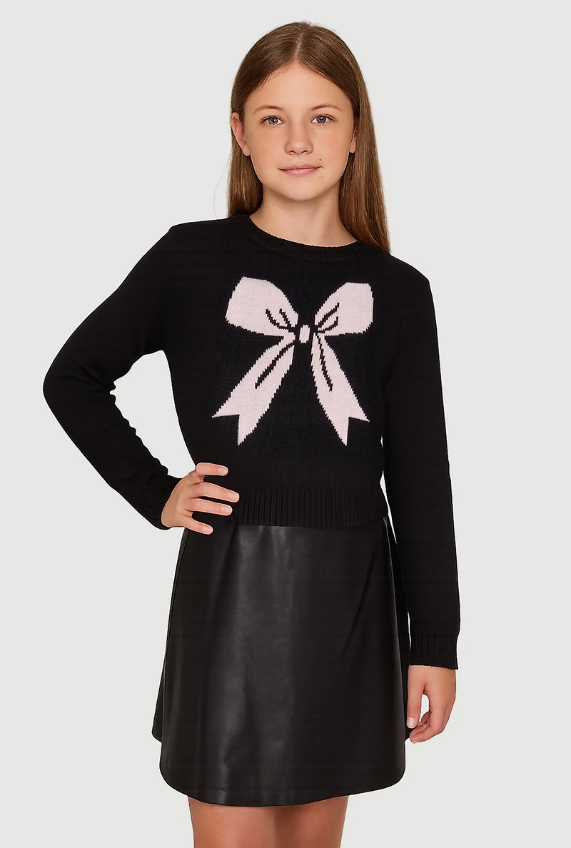 Girls Bow Print Long Sleeve Crew Neck Sweater, Black, Size 7-8