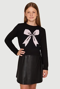 Girls Bow Print Long Sleeve Crew Neck Sweater, Black, Size 7-8