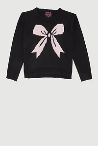 Girls Bow Print Long Sleeve Crew Neck Sweater, Black, Size 7-8