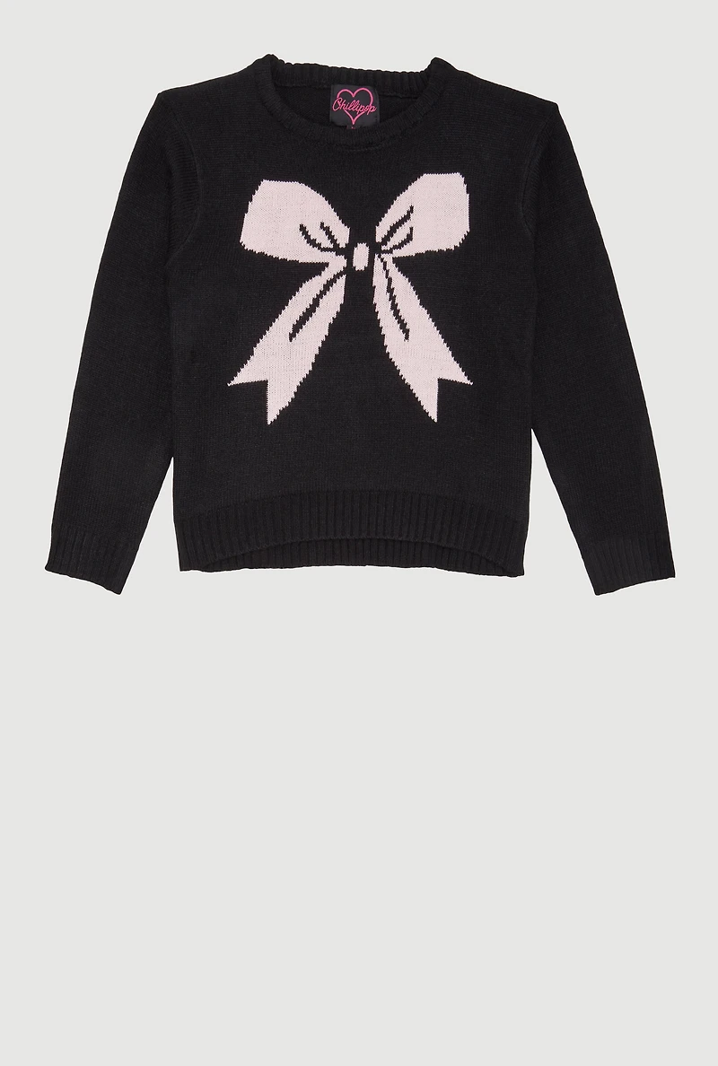 Girls Bow Print Long Sleeve Crew Neck Sweater, Black,