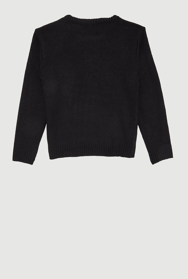 Girls Bow Print Long Sleeve Crew Neck Sweater, Black, Size 7-8