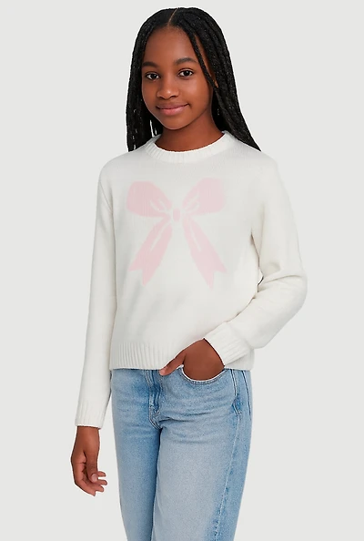 Girls Bow Print Long Sleeve Crew Neck Sweater, White, Size 10-12