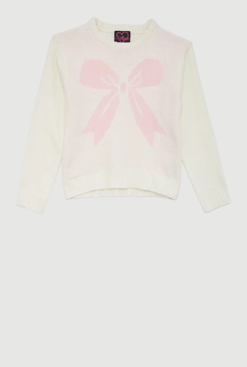 Girls Bow Print Long Sleeve Crew Neck Sweater, White, Size 10-12