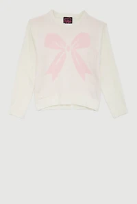 Girls Bow Print Long Sleeve Crew Neck Sweater, White, Size 10-12