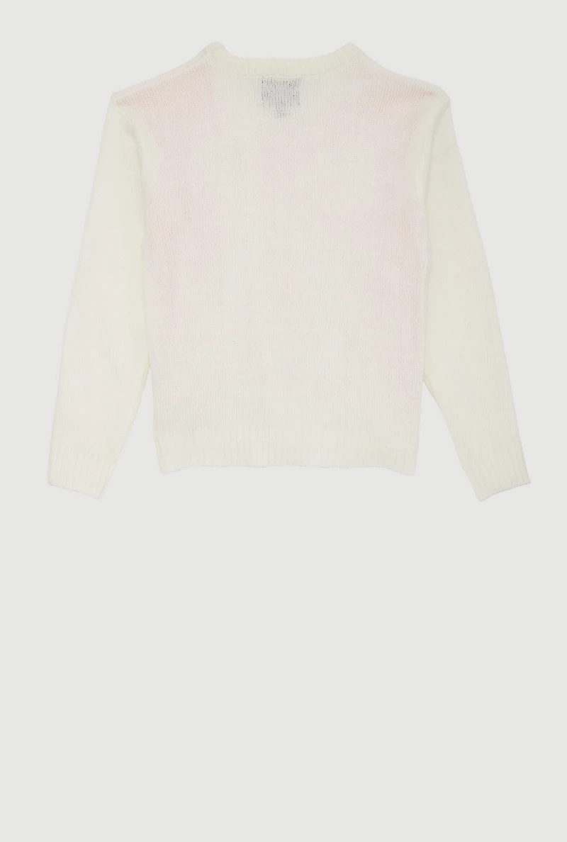 Girls Bow Print Long Sleeve Crew Neck Sweater, White, Size 10-12