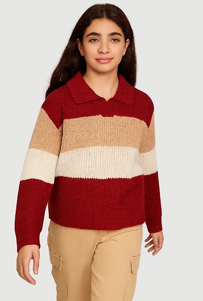 Girls Striped Polo Sweater,