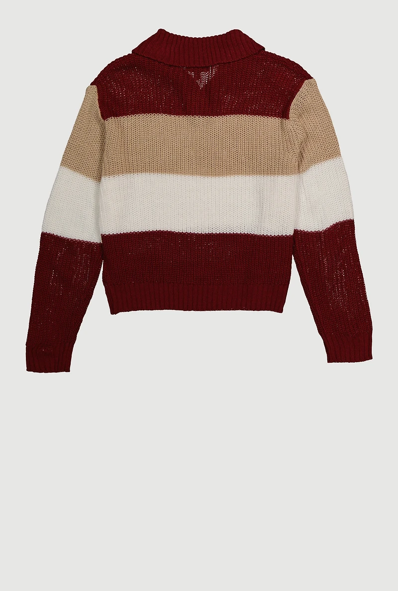 Girls Striped Polo Sweater, Burgundy, Size 7-8