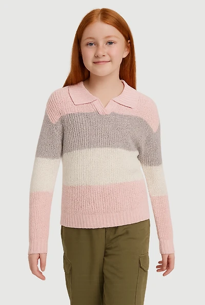 Girls Striped Polo Sweater, Pink, Size 7-8