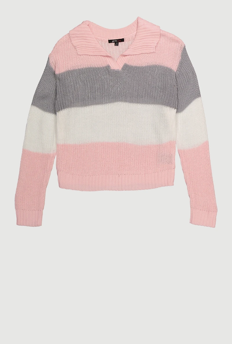 Girls Striped Polo Sweater, Pink, Size 7-8