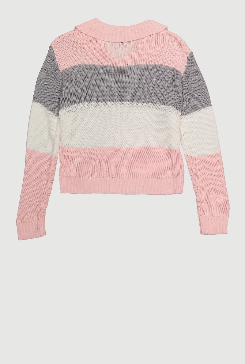 Girls Striped Polo Sweater, Pink, Size 10-12