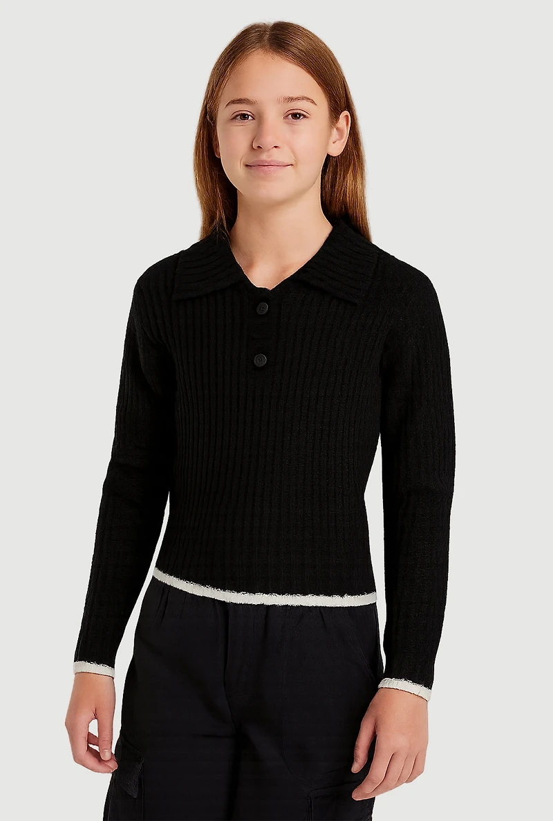 Girls Long Sleeve Contrast Trim Polo Sweater,
