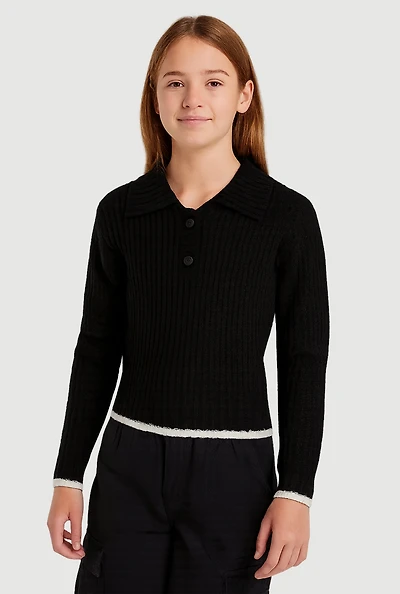 Girls Long Sleeve Contrast Trim Polo Sweater,